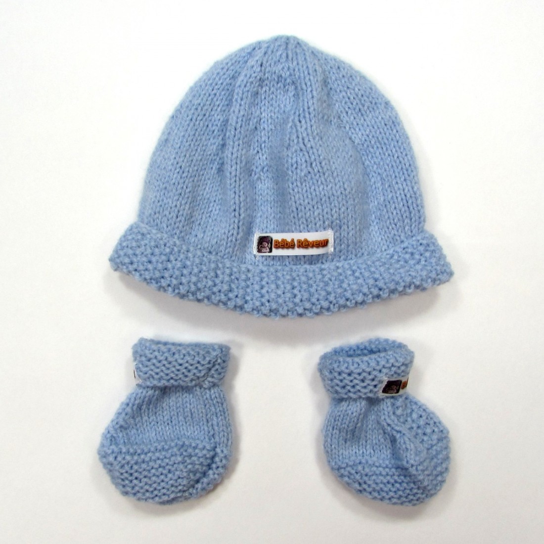 Bonnet et chaussons bleu tricot naissance bébé garçon