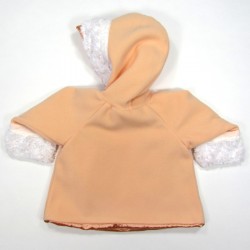 Dos de la veste bébé en polaire pêche et garnie de fourrure blanche