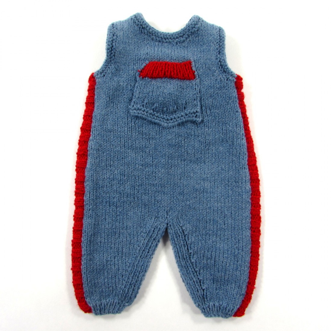 Salopette bébé garçon naissance en tricot bleu jean et rouge tomate