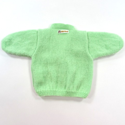 Dos du gilet vert tendre tricoté main pour bébé garçon naissance