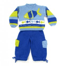 Pull et pantalon tricot bleu avec poissons bébé garçon