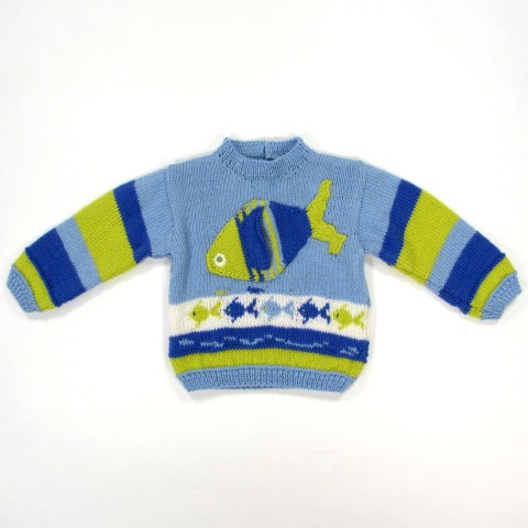Pull poissons en laine bleu pour bébé garçon