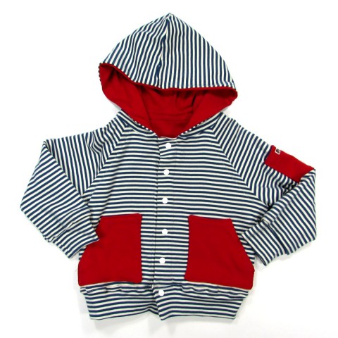 Blouson bébé à capuche en maille rayée marine naturel doublure et poches rouges