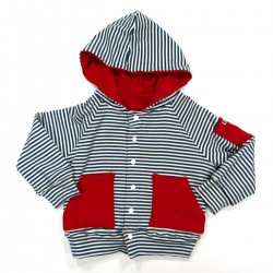 Blouson bébé à capuche en maille rayée marine naturel doublure et poches rouges