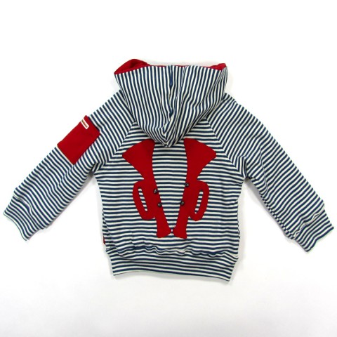 Veste bébé à capuche rayée bleu et naturel trompette rouge appliquée au dos