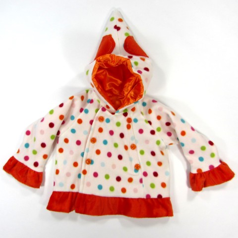 Manteau bébé fille à capuche longue et pointue avec 2 gros coeurs orange