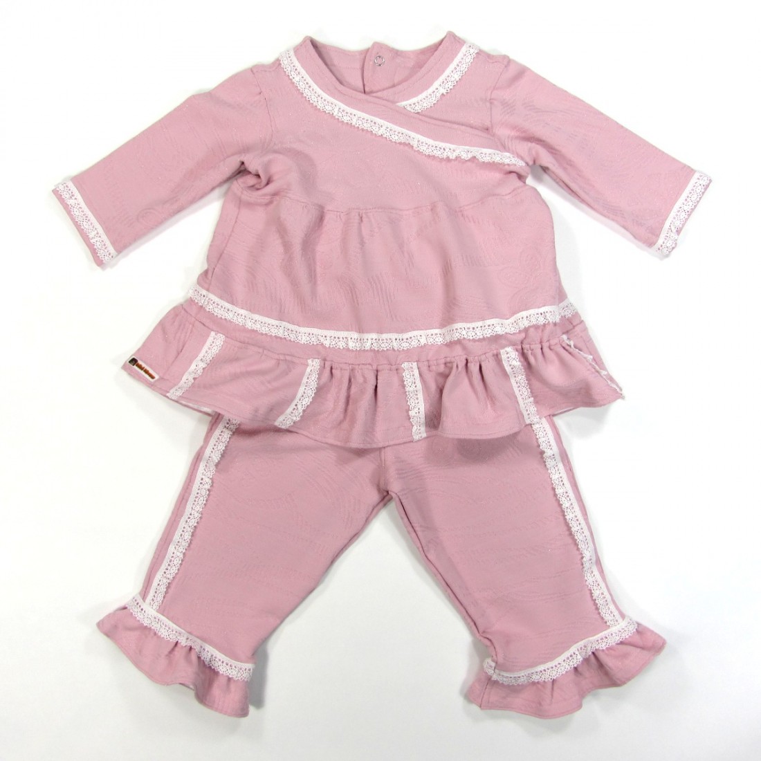 Tunique et pantalon en maille rose pailletée volants et dentelle bébé fille 18 mois