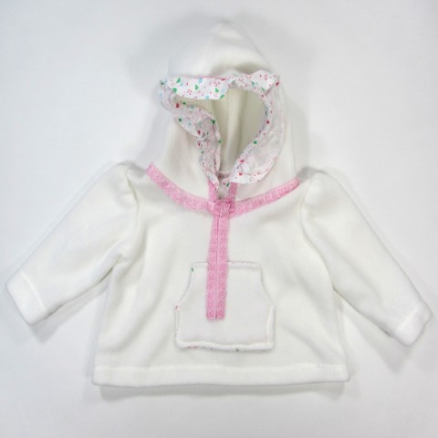 Sweatshirt avec capuchon bordé d'un volant jersey coeurs et broderie anglaise rose dragée bébé fille