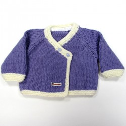 Cardigan croisé devant en grosse laine mauve et blanc bébé fille 6 mois LOLA