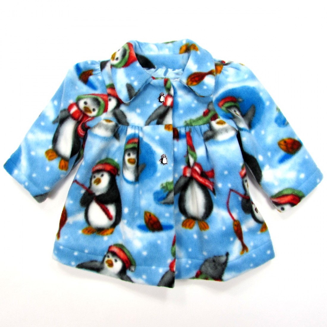 Veste bébé fille en polaire bleu ciel avec pingouins pêchant sur la banquise