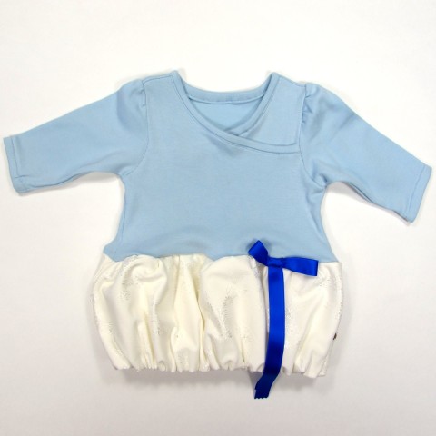 Robe bouffante bébé fille 3 mois corsage bleu ciel  et jupe jacquard blanc triple épaisseur