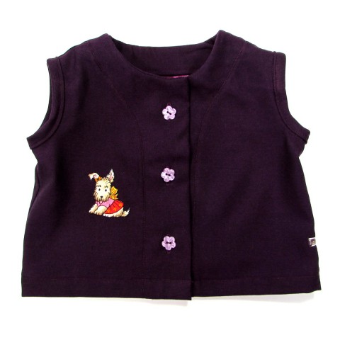 Gilet de costume bébé fille violet avec petit chien devant fermé par 3 boutons fleurs