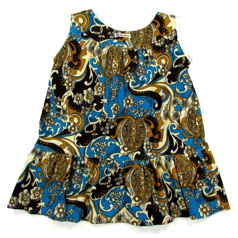 Robe chasuble bébé fille de dos, velours bleu imprimé dessins jaune brun