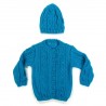 Cardigan et bonnet bébé fille en laine turquoise fermé par des boutons bûchettes identiques