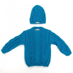 Bonnet et cardigan en tricot irlandais bleu turquoise pour bébé fille