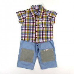 Chemisette seersucker à carreaux et pantalon toile bleu pour bébé garçon au printemps