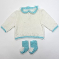 Pull bébé garçon encolure roulottée et bordures aqua puis  jersey blanc avec chaussons