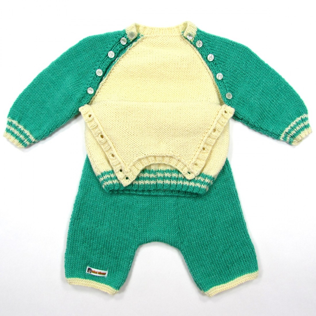 Pull raglan et sarouel en tricot vert et écru pour bébé garçon