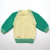 Pull bébé garçon tricot vert émeraude et naturel, raglan boutonné