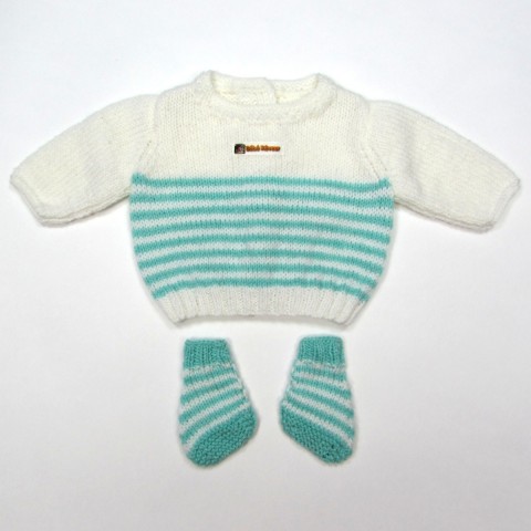 Trousseau brassière et chaussons pour bébé garçon prématuré blanc à rayures vertes