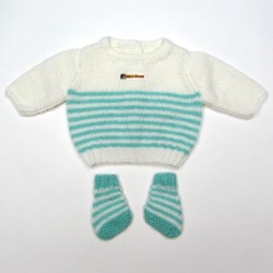 Trousseau brassière et chaussons pour bébé garçon prématuré blanc à rayures vertes