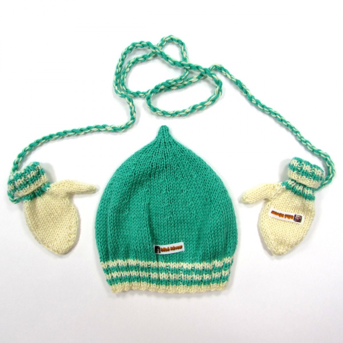 Bonnet et moufles tricot vert émeraude et ivoire bébé garçon