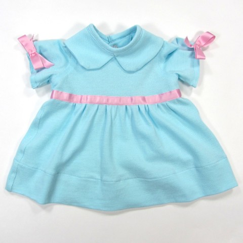 Robe bébé fille 1 mois bleu lagon et noeuds rose